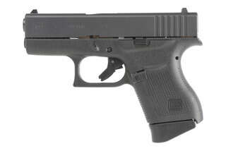 The Glock 43 9mm subcompact pistol holds 6 rounds in an extended magazine